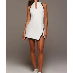 US Open Women's Patchwork Tennis Dress Sleeveless Contrast Binding Split Breathable Tennis Pickleball Yoga V Neck Dress Black White Red Tennis Clothing
