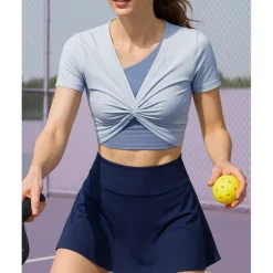 US Open Women's Patchwork Tennis Top Short Sleeve Ruched Knot Front Quick Dry Breathable Tennis Pickleball Running V Neck Top Black White Pink Tennis Clothing