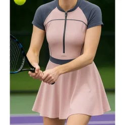 US Open Women's Patchwork Tennis Dress Short Sleeve Pleated Zipper Contrast Binding Breathable Tennis Pickleball Round Neck Dress Black Pink Royal Blue Tennis Clothing