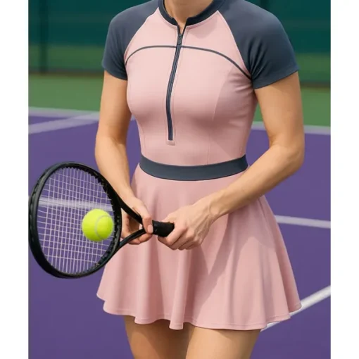 US Open Women's Patchwork Tennis Dress Short Sleeve Pleated Zipper Contrast Binding Breathable Tennis Pickleball Round Neck Dress Black Pink Royal Blue Tennis Clothing