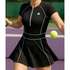 US Open Women's Patchwork Tennis Dress Short Sleeve Ruched Contrast Binding Breathable Tennis Pickleball Round Dress Black Green Tennis Clothing