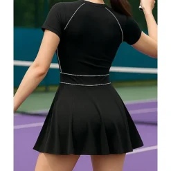 US Open Women's Patchwork Tennis Dress Short Sleeve Ruched Contrast Binding Breathable Tennis Pickleball Round Dress Black Green Tennis Clothing