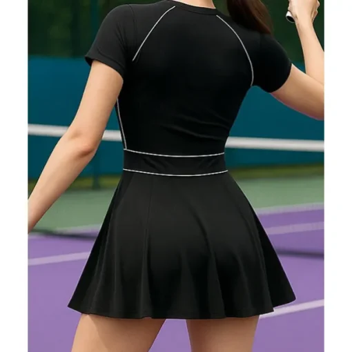 US Open Women's Patchwork Tennis Dress Short Sleeve Ruched Contrast Binding Breathable Tennis Pickleball Round Dress Black Green Tennis Clothing