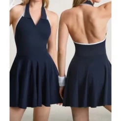 US Open Women's Patchwork Tennis Dress with Built in Shorts and Bra Sports Dress Sleeveless Pleated Breathable Tennis Golf Pickleball V Neck Open Back Dark Navy Tennis Clothing