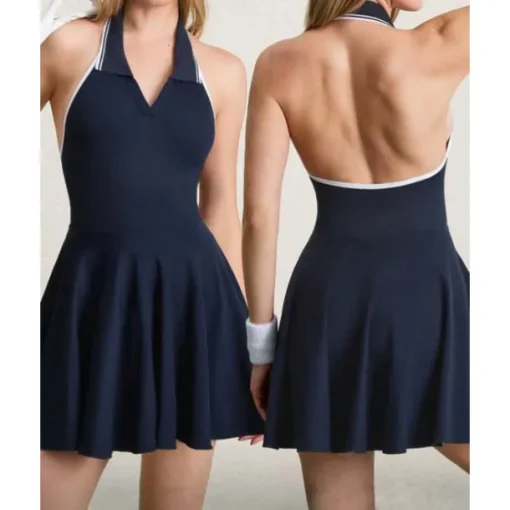 US Open Women's Patchwork Tennis Dress with Built in Shorts and Bra Sports Dress Sleeveless Pleated Breathable Tennis Golf Pickleball V Neck Open Back Dark Navy Tennis Clothing