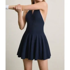 US Open Women's Patchwork Tennis Dress with Built in Shorts and Bra Sports Dress Sleeveless Pleated Breathable Tennis Golf Pickleball V Neck Open Back Dark Navy Tennis Clothing