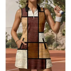 US Open Women's Plaid / Check Tennis Dress Sports Dress Sleeveless Print Breathable Tennis Golf Badminton Polo Collar Zip Collar Dress Brown Tennis Clothing