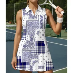 US Open Women's Plaid / Check Tennis Dress Sports Dress Sleeveless Print Breathable Tennis Golf Badminton Polo Collar Zip Collar Dress Blue Tennis Clothing