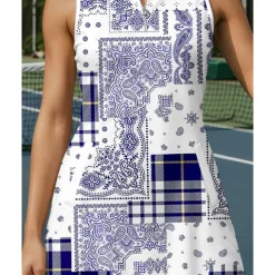 US Open Women's Plaid / Check Tennis Dress Sports Dress Sleeveless Print Breathable Tennis Golf Badminton Polo Collar Zip Collar Dress Blue Tennis Clothing