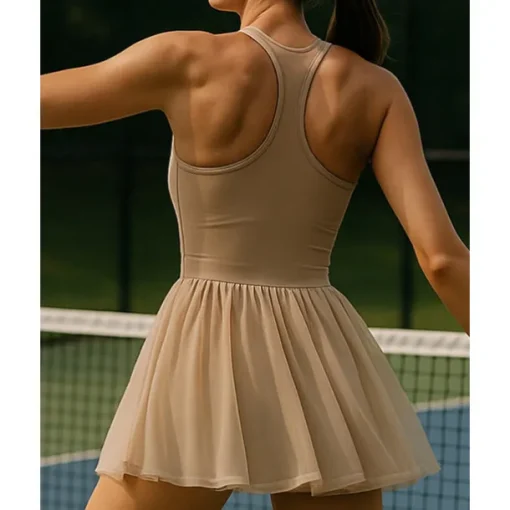 US Open Women's Solid Colored Tennis Dress with Built in Shorts and Bra Sports Dress Sleeveless Contrast Mesh Tennis Golf Pickleball U Neck Dress Black Cream Dark Navy Tennis Clothing