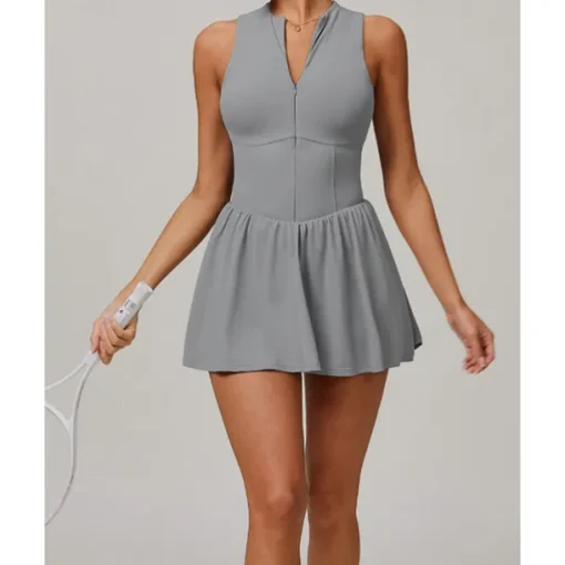 US Open Women's Solid Colored Tennis Dress with Built in Shorts and Bra Sports Dress 2pcs Sleeveless Ruched Zipper Breathable Tennis Pickleball Round Dress Black Dark Navy Purple Tennis Clothing