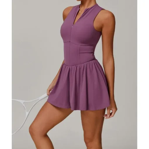 US Open Women's Solid Colored Tennis Dress with Built in Shorts and Bra Sports Dress 2pcs Sleeveless Ruched Zipper Breathable Tennis Pickleball Round Dress Black Dark Navy Purple Tennis Clothing