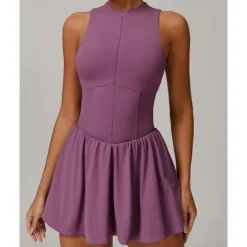 US Open Women's Solid Colored Tennis Dress with Built in Shorts and Bra Sports Dress 2pcs Sleeveless Ruched Zipper Breathable Tennis Pickleball Round Dress Black Dark Navy Purple Tennis Clothing