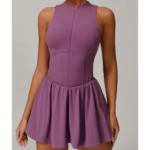 US Open Women's Solid Colored Tennis Dress with Built in Shorts and Bra Sports Dress 2pcs Sleeveless Ruched Zipper Breathable Tennis Pickleball Round Dress Black Dark Navy Purple Tennis Clothing