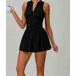 US Open Women's Solid Colored Tennis Dress with Built in Shorts and Bra Sports Dress 2pcs Sleeveless Ruched Zipper Breathable Tennis Pickleball Round Dress Black Dark Navy Purple Tennis Clothing