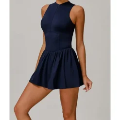 US Open Women's Solid Colored Tennis Dress with Built in Shorts and Bra Sports Dress 2pcs Sleeveless Ruched Zipper Breathable Tennis Pickleball Round Dress Black Dark Navy Purple Tennis Clothing