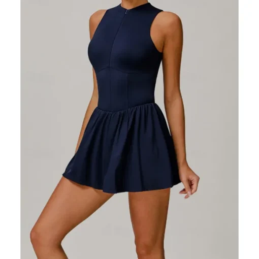 US Open Women's Solid Colored Tennis Dress with Built in Shorts and Bra Sports Dress 2pcs Sleeveless Ruched Zipper Breathable Tennis Pickleball Round Dress Black Dark Navy Purple Tennis Clothing