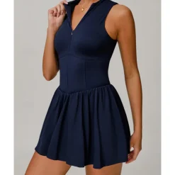 US Open Women's Solid Colored Tennis Dress with Built in Shorts and Bra Sports Dress 2pcs Sleeveless Ruched Zipper Breathable Tennis Pickleball Round Dress Black Dark Navy Purple Tennis Clothing