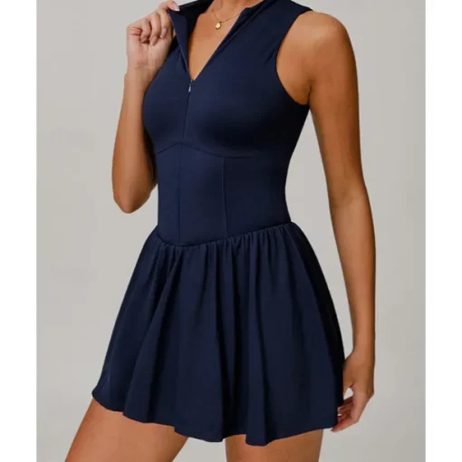 US Open Women's Solid Colored Tennis Dress with Built in Shorts and Bra Sports Dress 2pcs Sleeveless Ruched Zipper Breathable Tennis Pickleball Round Dress Black Dark Navy Purple Tennis Clothing