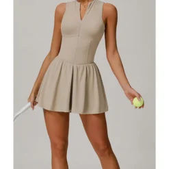 US Open Women's Solid Colored Tennis Dress with Built in Shorts and Bra Sports Dress 2pcs Sleeveless Ruched Zipper Breathable Tennis Pickleball Round Dress Black Dark Navy Purple Tennis Clothing