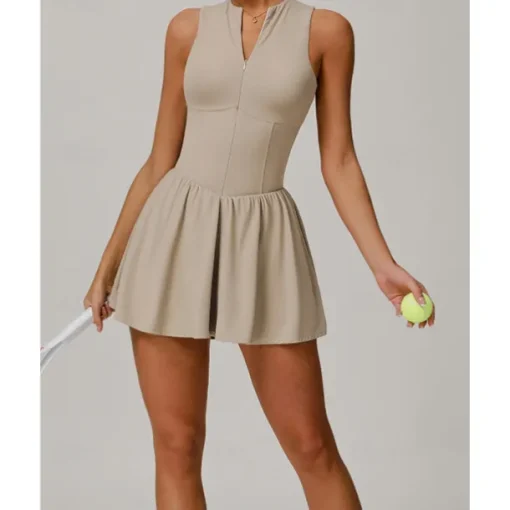 US Open Women's Solid Colored Tennis Dress with Built in Shorts and Bra Sports Dress 2pcs Sleeveless Ruched Zipper Breathable Tennis Pickleball Round Dress Black Dark Navy Purple Tennis Clothing
