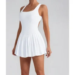 US Open Women's Solid Colored Tennis Dress with Built in Shorts and Bra Sports Dress 2 Pieces Sleeveless Pleated Pocket Tennis Golf Pickleball U Neck Black White Dark Navy Tennis Clothing