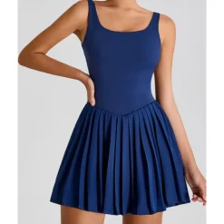 US Open Women's Solid Colored Tennis Dress with Built in Shorts and Bra Sports Dress 2 Pieces Sleeveless Pleated Pocket Tennis Golf Pickleball U Neck Black White Dark Navy Tennis Clothing