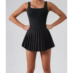 US Open Women's Solid Colored Tennis Dress with Built in Shorts and Bra Sports Dress 2 Pieces Sleeveless Pleated Pocket Tennis Golf Pickleball U Neck Black White Dark Navy Tennis Clothing