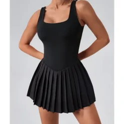 US Open Women's Solid Colored Tennis Dress with Built in Shorts and Bra Sports Dress 2 Pieces Sleeveless Pleated Pocket Tennis Golf Pickleball U Neck Black White Dark Navy Tennis Clothing