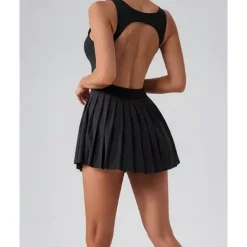 US Open Women's Solid Colored Tennis Dress with Built in Shorts and Bra Sports Dress 2 Pieces Sleeveless Pleated Pocket Tennis Golf Pickleball U Neck Black White Dark Navy Tennis Clothing