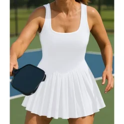 US Open Women's Solid Colored Tennis Dress with Built in Shorts and Bra Sports Dress 2 Pieces Sleeveless Pleated Pocket Tennis Golf Pickleball U Neck Black White Dark Navy Tennis Clothing