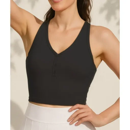 US Open Women's Solid Colored Tennis Bra Sleeveless Buttons Breathable Tennis Pickleball Yoga V Neck Crisscross Back Black Pink Cream Tennis Clothing