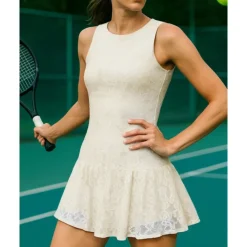 US Open Women's Solid Colored Tennis Dress with Built in Shorts and Bra Sports Dress Sleeveless Lace Breathable Tennis Pickleball Round Neck Dress Black White Sky Blue Lace Tennis Clothing
