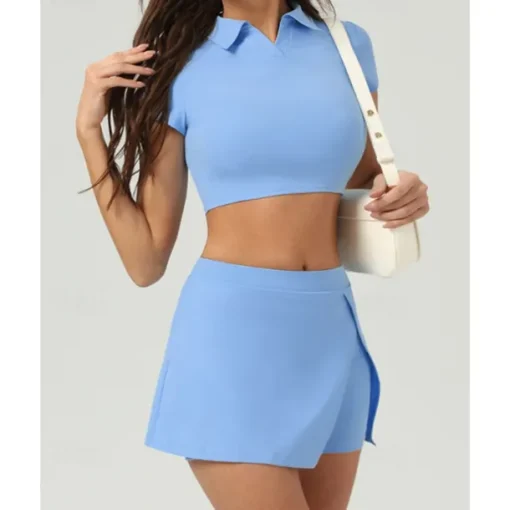 US Open Women's Solid Colored Sports Set Tennis Set Tennis Skirts with Shorts Tennis Top Short Sleeve Split UPF50+ Breathable Tennis Pickleball Polo Collar Dark Navy Blue Khaki Spandex Tennis Clothing