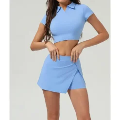 US Open Women's Solid Colored Sports Set Tennis Set Tennis Skirts with Shorts Tennis Top Short Sleeve Split UPF50+ Breathable Tennis Pickleball Polo Collar Dark Navy Blue Khaki Spandex Tennis Clothing