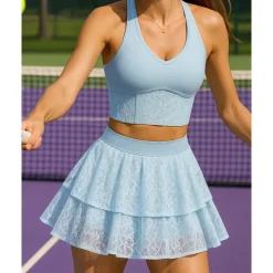 US Open Women's Solid Colored Sports Set Tennis Set Sleeveless Lace Contrast Mesh Breathable Tennis Pickleball Round Neck Sports Bra Skort Black Cream Blue Tennis Clothing