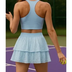 US Open Women's Solid Colored Sports Set Tennis Set Sleeveless Lace Contrast Mesh Breathable Tennis Pickleball Round Neck Sports Bra Skort Black Cream Blue Tennis Clothing