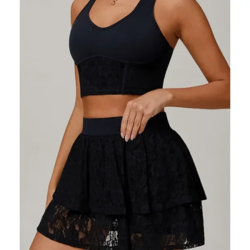 US Open Women's Solid Colored Sports Set Tennis Set Sleeveless Lace Contrast Mesh Breathable Tennis Pickleball Round Neck Sports Bra Skort Black Cream Blue Tennis Clothing