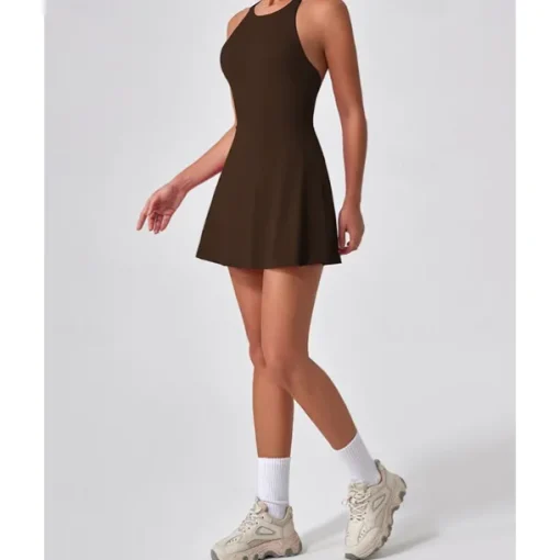 US Open Women's Solid Colored Tennis Dress with Built in Shorts and Bra Sports Dress Sleeveless Ruched Breathable Tennis Pickleball Round Dress Black Dark Navy Brown Tennis Clothing