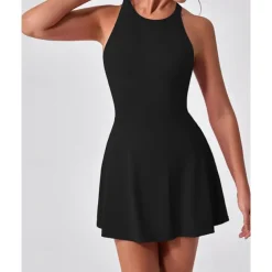 US Open Women's Solid Colored Tennis Dress with Built in Shorts and Bra Sports Dress Sleeveless Ruched Breathable Tennis Pickleball Round Dress Black Dark Navy Brown Tennis Clothing