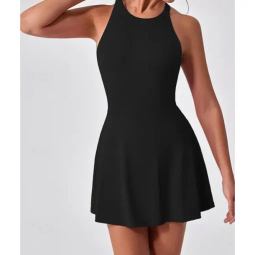 US Open Women's Solid Colored Tennis Dress with Built in Shorts and Bra Sports Dress Sleeveless Ruched Breathable Tennis Pickleball Round Dress Black Dark Navy Brown Tennis Clothing