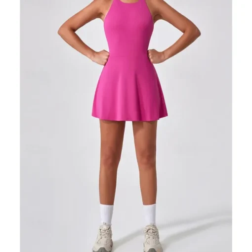US Open Women's Solid Colored Tennis Dress with Built in Shorts and Bra Sports Dress Sleeveless Ruched Breathable Tennis Pickleball Round Dress Black Dark Navy Brown Tennis Clothing