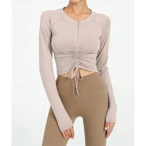 US Open Women's Solid Colored Tennis Top Long Sleeve Drawstring Zipper Breathable Tennis Pickleball Yoga Round Neck Top Black White Pink Tennis Clothing