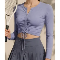 US Open Women's Solid Colored Tennis Top Long Sleeve Drawstring Zipper Breathable Tennis Pickleball Yoga Round Neck Top Black White Pink Tennis Clothing