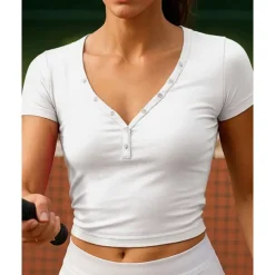 US Open Women's Solid Colored Tennis Top Short Sleeve Buttons Breathable Tennis Pickleball V Neck Top Black White Dark Navy Tennis Clothing