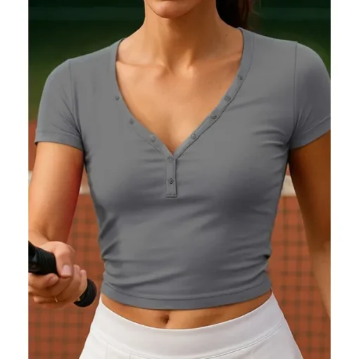 US Open Women's Solid Colored Tennis Top Short Sleeve Buttons Breathable Tennis Pickleball V Neck Top Black White Dark Navy Tennis Clothing