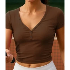 US Open Women's Solid Colored Tennis Top Short Sleeve Buttons Breathable Tennis Pickleball V Neck Top Black White Dark Navy Tennis Clothing