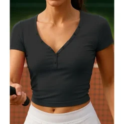 US Open Women's Solid Colored Tennis Top Short Sleeve Buttons Breathable Tennis Pickleball V Neck Top Black White Dark Navy Tennis Clothing
