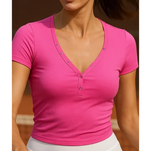 US Open Women's Solid Colored Tennis Top Short Sleeve Buttons Breathable Tennis Pickleball V Neck Top Black White Dark Navy Tennis Clothing