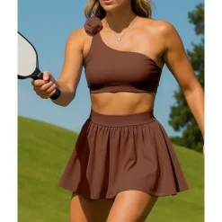 US Open Women's Solid Colored Sports Set Tennis Set Tennis Skirts with Shorts Tennis Top Ruched Wide Waistband Moisture Wicking Breathable Tennis Pickleball Running Slash Neck Black White Blue Tennis